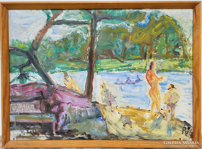 Éva Patay (1900 - 1984) Győr painter reflection on the Danube 1950s-1950s with original guarantee!
