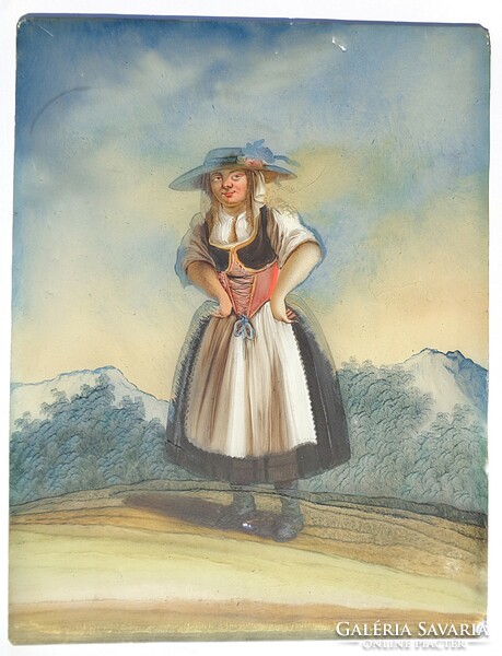 1830-50 A lady in folk costume painted on German-Austrian glass from around Körül