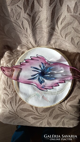Vintage (1960) Murano glass offering, leaf-shaped, pink-turquoise blue, unmarked, intact
