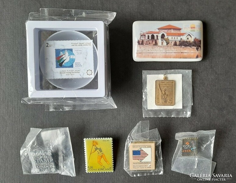 Nemzetközi bélyegkiállítások jelvény , plakett, hűtőmágnes (7 db)