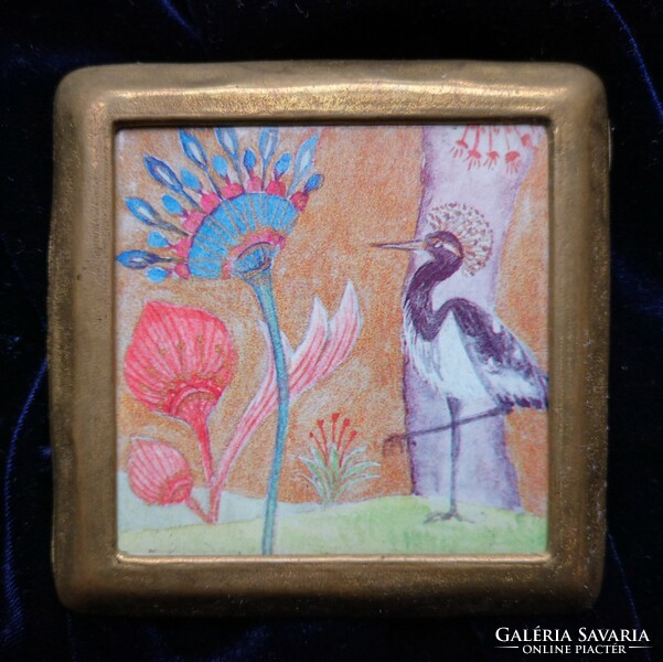 Decorative tile with vintage bronze frame, fairytale pattern