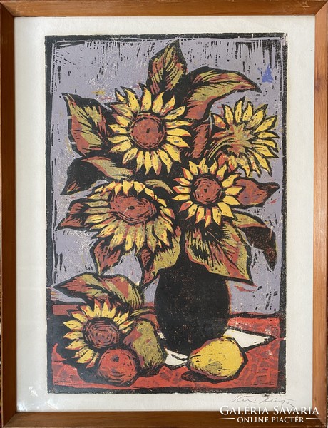 Matthias Réti: flower still life - colored linocut