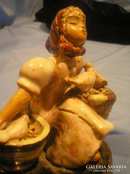 N16 Csefalvay art deco ceramic majolica sculpture group of girl with pigeons for sale to be restored