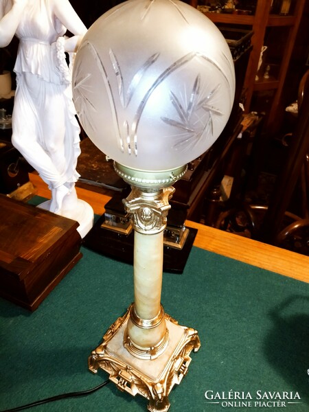 Beautiful antique empire large marble table lamp with polished shade, refurbished, new cable 55 cm