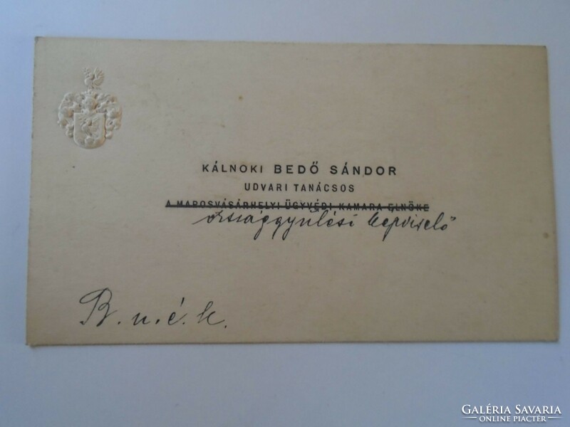 ZA416.3 Dr. Kálnoki Bedő Sándor -országgyűlési képviselő Marosvásárhely -névjegykártya 1920-30