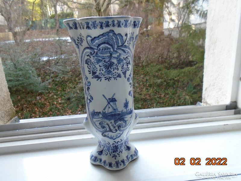 19th century vase with rich hand-painted cobalt blue patterns, relief pattern with landscape