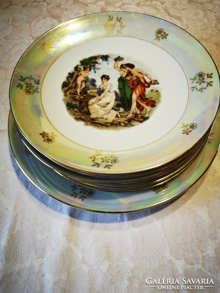 7 db-os jelenetes Kahla porcelán nagy kerek tál és 6 db lapos tányér, vacsorázó készlet
