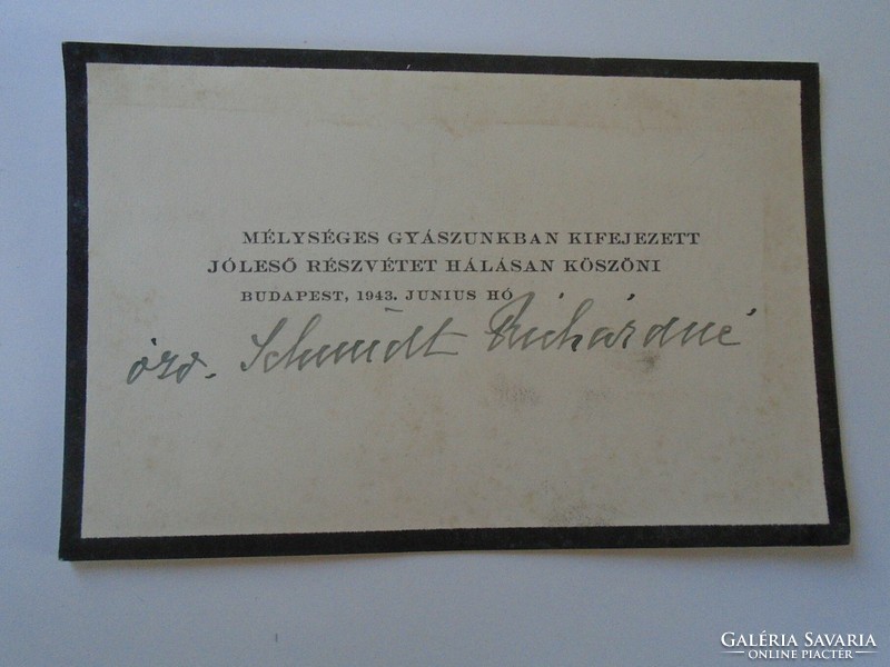 ZA415.17 Schmidt Richárd az országgyűlés felshőháza tajgjának gyászkártyája 1943