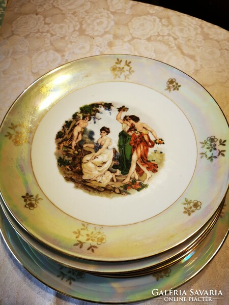 7 db-os jelenetes Kahla porcelán nagy kerek tál és 6 db lapos tányér, vacsorázó készlet