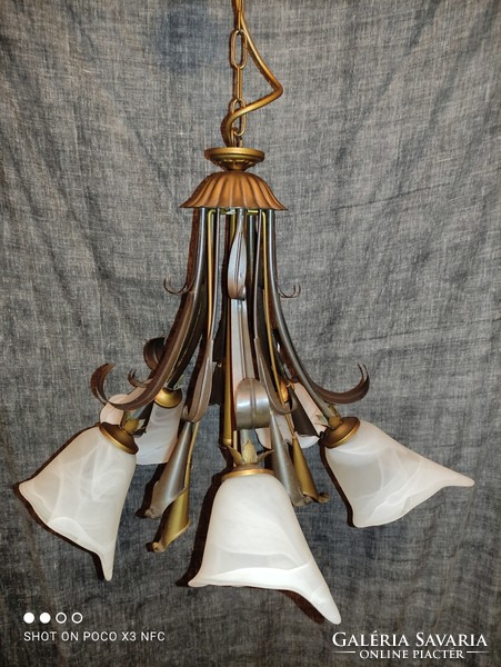 Vintage HONSEL florentin cala kála mennyezeti lámpa 5 égős csillár bronzírozott fém üveg búrákkal