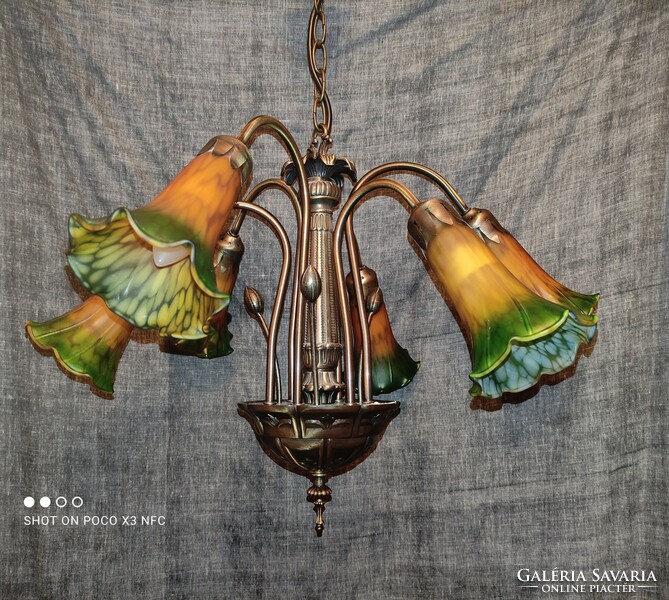 Art Nouveau marked orion leuchten 6-burner metal chandelier with colored glass shades