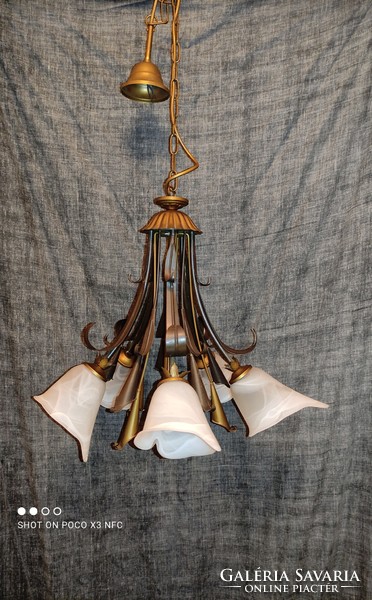 Vintage HONSEL florentin cala kála mennyezeti lámpa 5 égős csillár bronzírozott fém üveg búrákkal