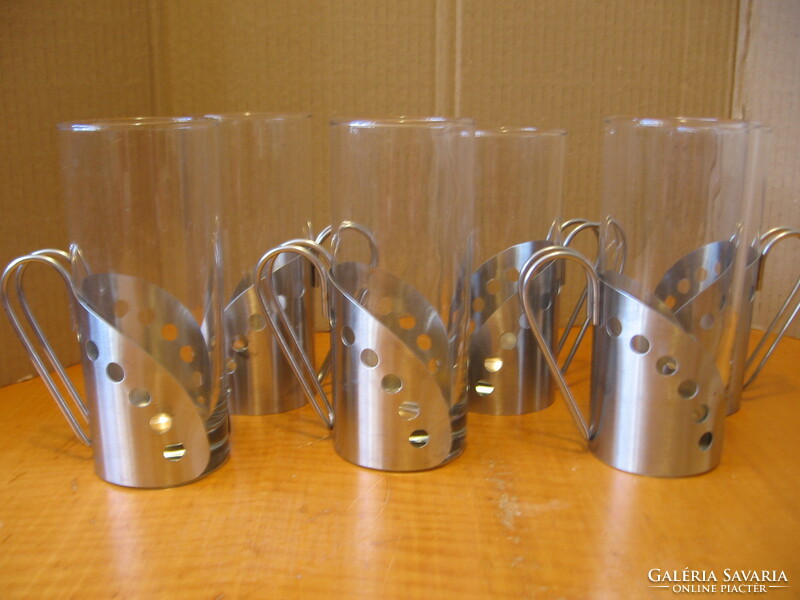 Retro drinking glass latte, tea, soft drink set in polka dot stainless steel holder, 6 pcs.