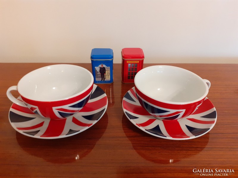 Angol zászlós porcelán teás csésze fémdoboz teás doboz 4 db