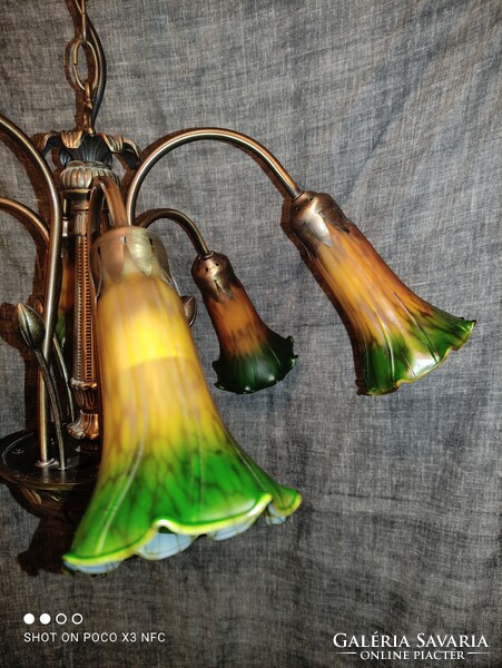 Art Nouveau marked orion leuchten 6-burner metal chandelier with colored glass shades