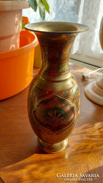 Indian copper vase painted and engraved