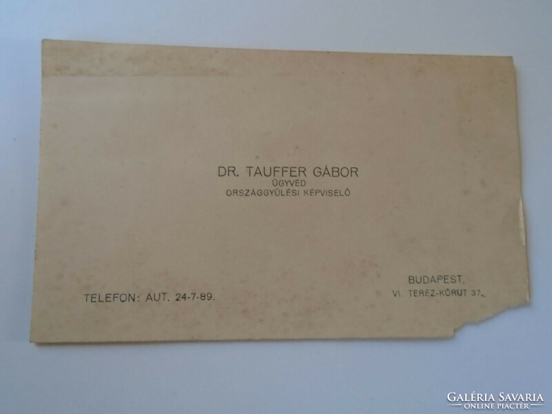 Za417.32 Dr. Gábor Tauffer Member of Parliament Balmazújváros pharmacist business card 1930's