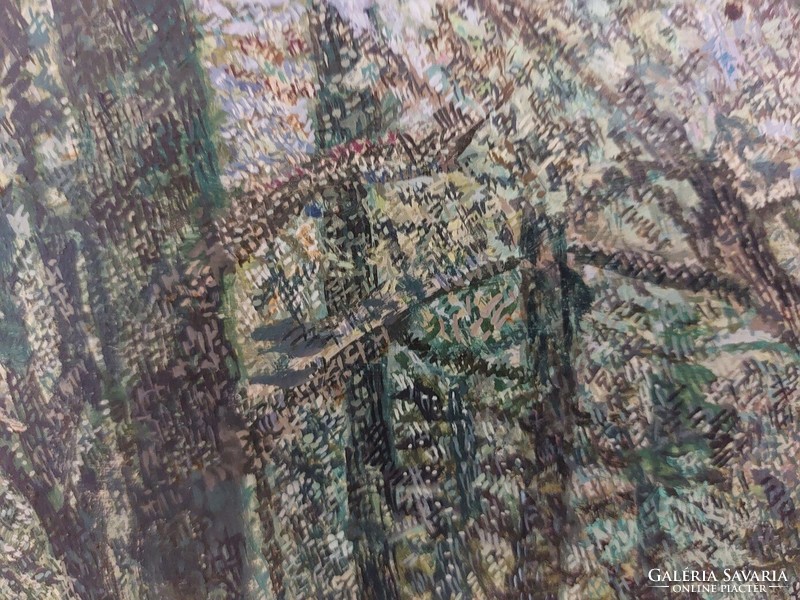 (K) Érdekes technikával megfestett erdő festmény Fábián szignóval 43x26 cm