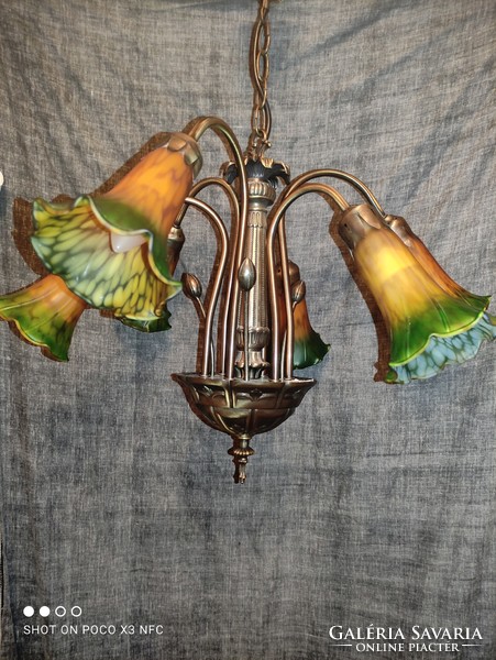 Art Nouveau marked orion leuchten 6-burner metal chandelier with colored glass shades