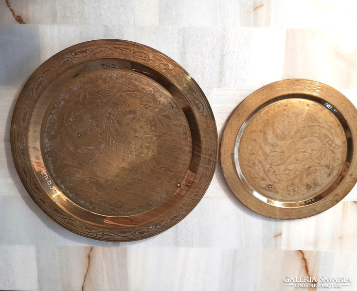 Vintage brass serving trays, hand-etched, Peacock pattern from Armenia