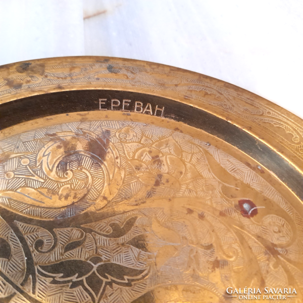 Vintage brass serving trays, hand-etched, Peacock pattern from Armenia