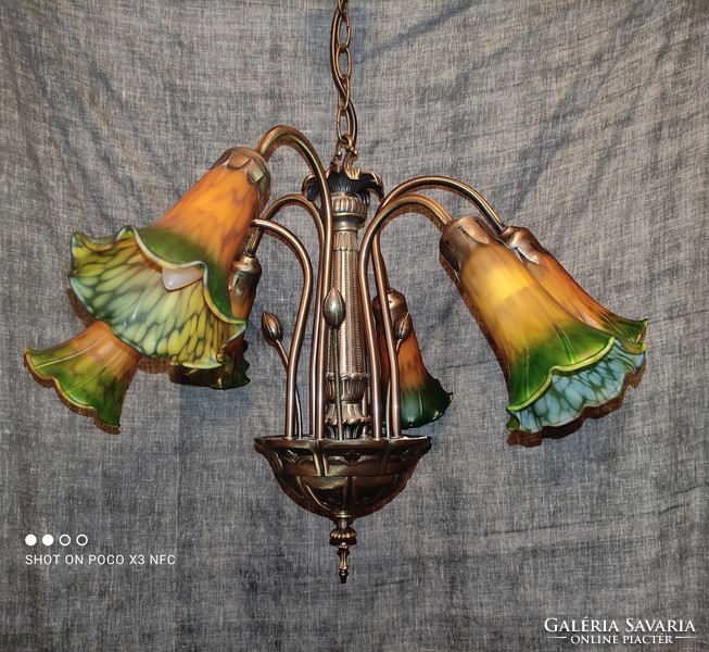 Art Nouveau marked orion leuchten 6-burner metal chandelier with colored glass shades