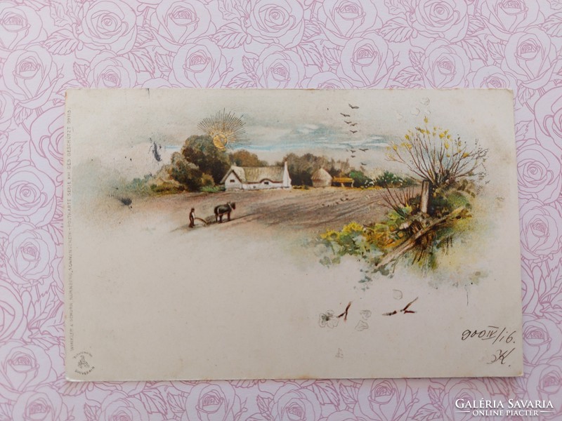 Old postcard 1900 postcard landscape field equestrian plow