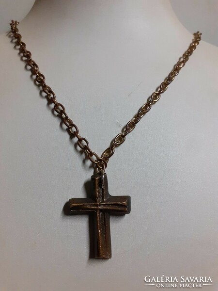 Retro bronze applied art thick long necklace with a bronze cross pendant