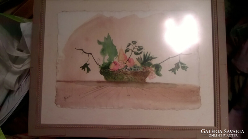 Gyimesi - fruit still life - watercolor under glass in a beaded frame