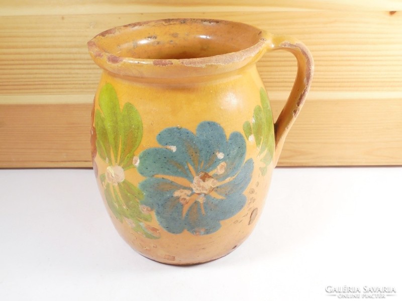 Antique Hand Painted Flower Pattern Folk Folk Art Ceramic Jug Pourer - 12.5cm High