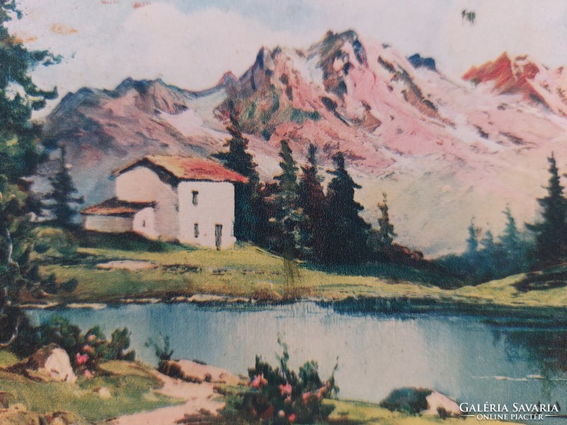 Régi képeslap művészeti levelezőlap tájkép tó hegyek