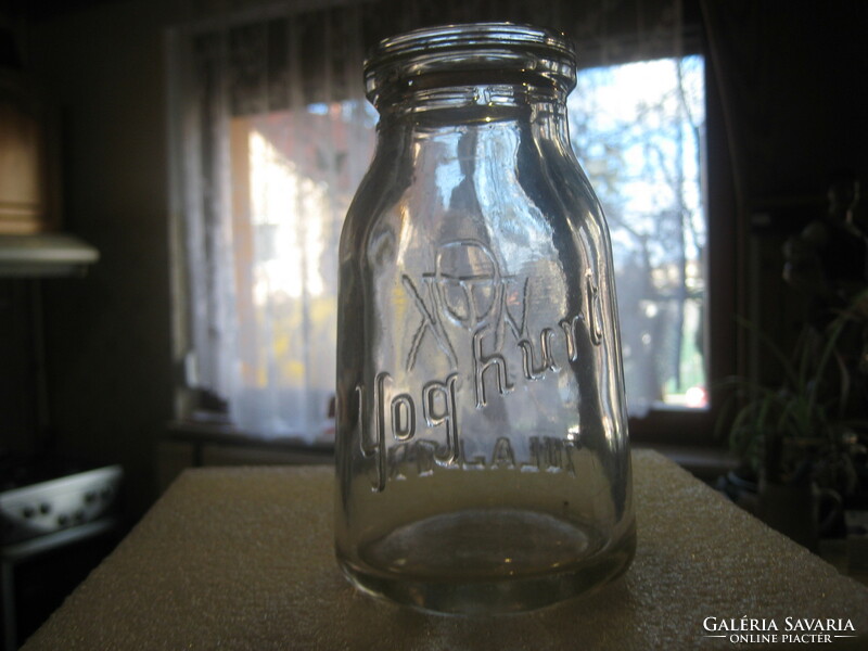 Old trademark yogurt bottle, 8 x 13.5 cm