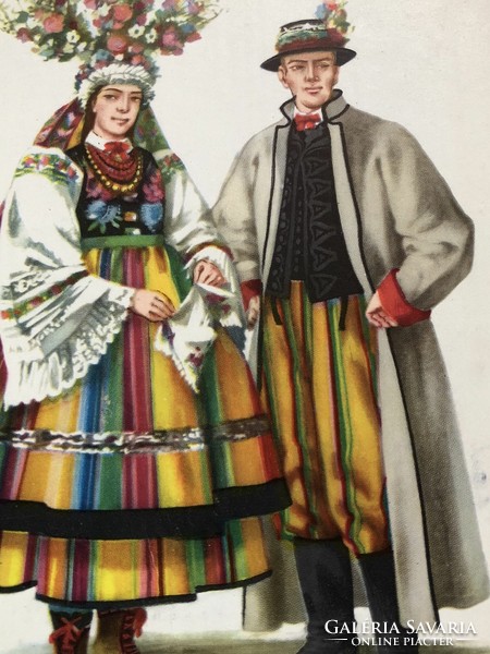 Old graphic Polish - lowicz wedding folk costume postcard - -3.
