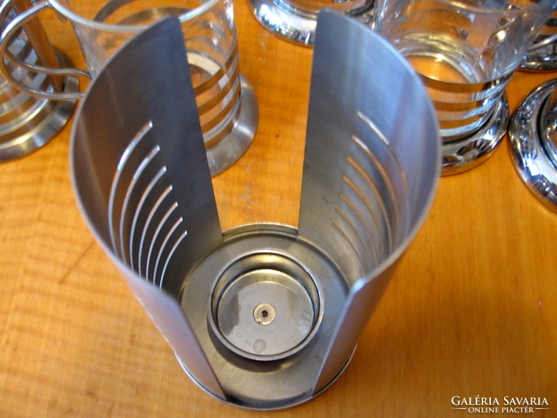 Retro glass jugs in a stainless steel striped holder