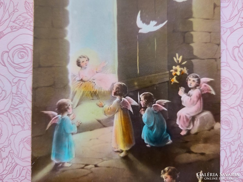 Régi karácsonyi képeslap levelezőlap Jézus angyalok