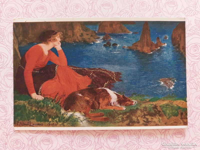 Régi képeslap 1915 művészeti levelezőlap hölgy kutya