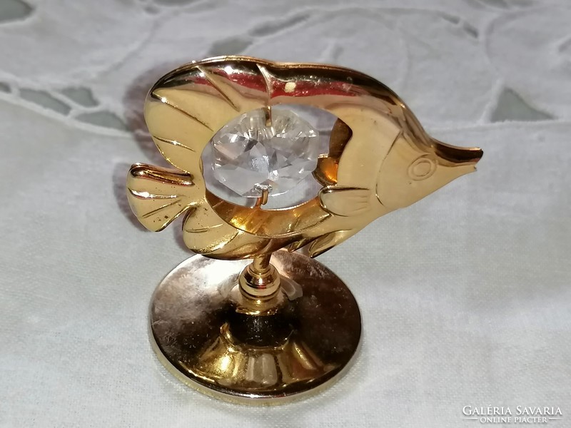 Gold-plated fish figure, with polished crystal, on base. Lucky 298.