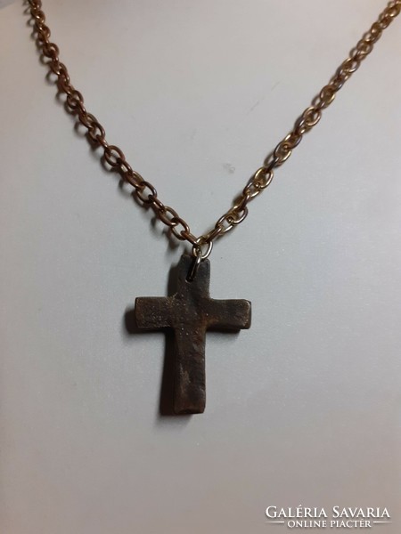 Retro bronze applied art thick long necklace with a bronze cross pendant