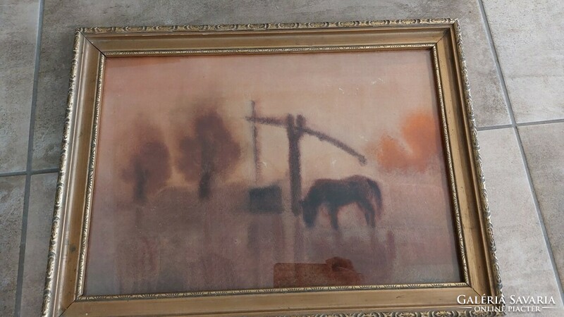 (K) Tájkép festmény gémeskúttal, lóval 49x37 cm kerettel, akvarell