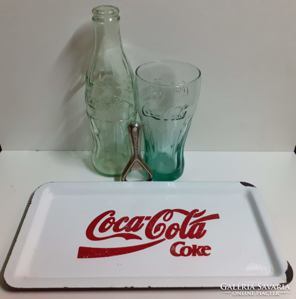 Old coca-cola collection beer opener enamel tray glass and glass are for sale together