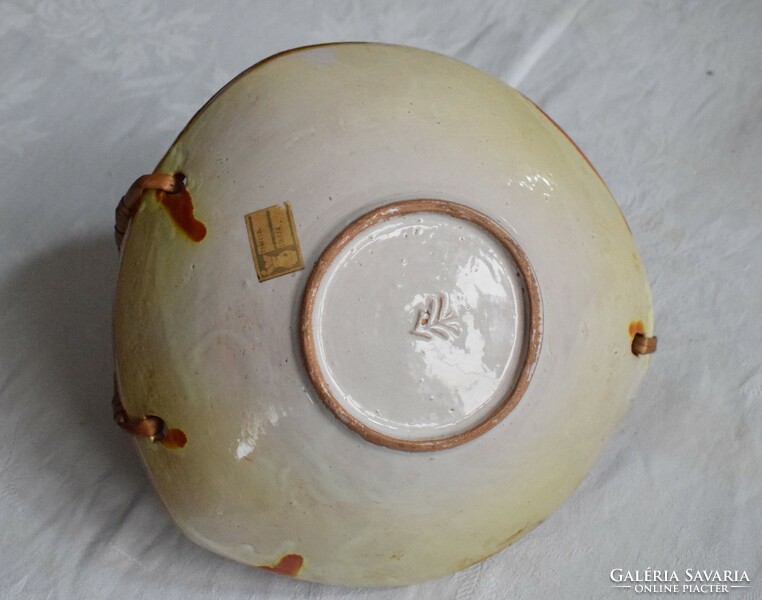 Iparművészeti kézműves retro kerámia kínáló gyümölcs tál vesszőfonat fül 20 x 20 12,5 cm