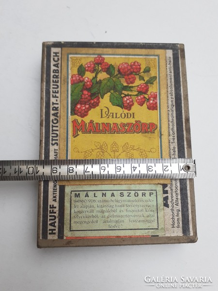 Régi doboz Valódi Málnaszörp feliratos címkés vintage papírdoboz