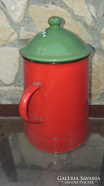 Old enameled lidded red fat can on can jug 18cm