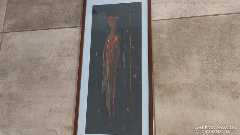 (K) Fura absztrakt festmény ördögi alakkal 25x61 cm kerettel