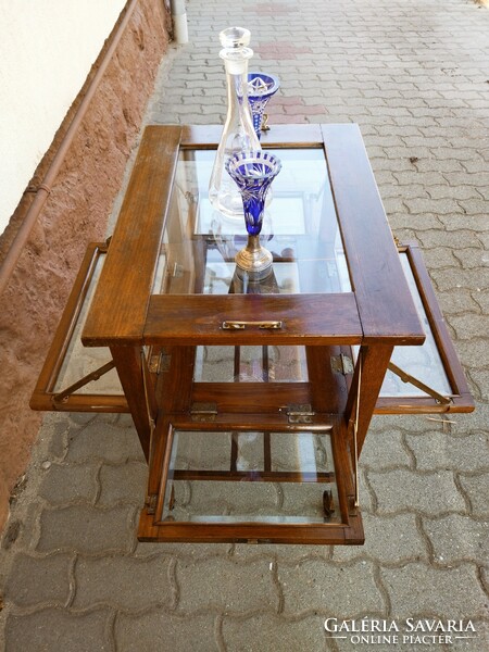 Rarity! Original antique art nouveau party cart with all-round opening, polished glass doors