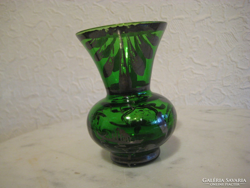 Old, hand-painted, green small vase, 5.5 x 8 cm