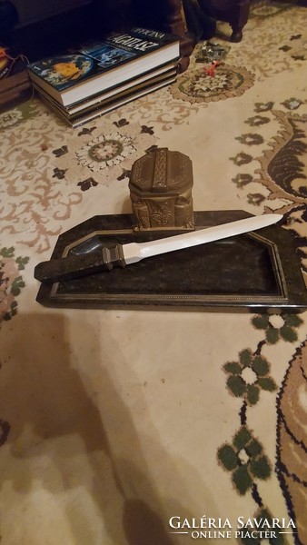 Unique piece of office furniture, decorated with an antique marble copper ink holder leaf-opening bone knife