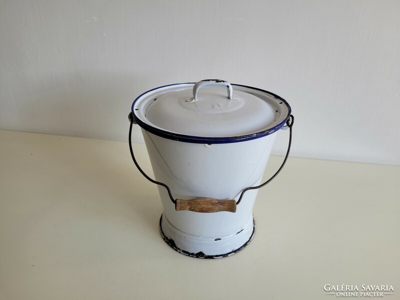 Old blue white enamel wm ladle with lid milk bucket milking bucket enameled Weiss Manfred dish