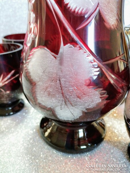 Crimson ruby cut crystal wine glass set with pitcher