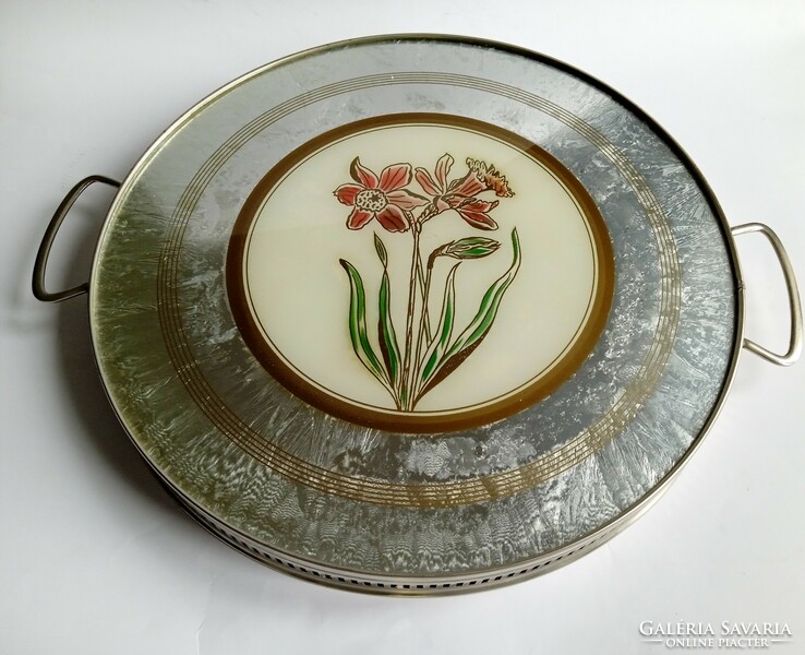 Beautiful metal tray with flower inserts on both sides, 29 cm
